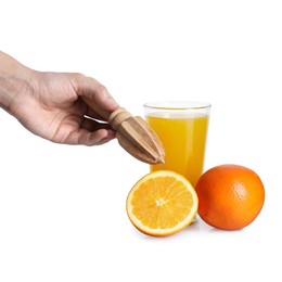 Photo of Woman with juicer, freshly squeezed orange juice and fruits on white background, closeup