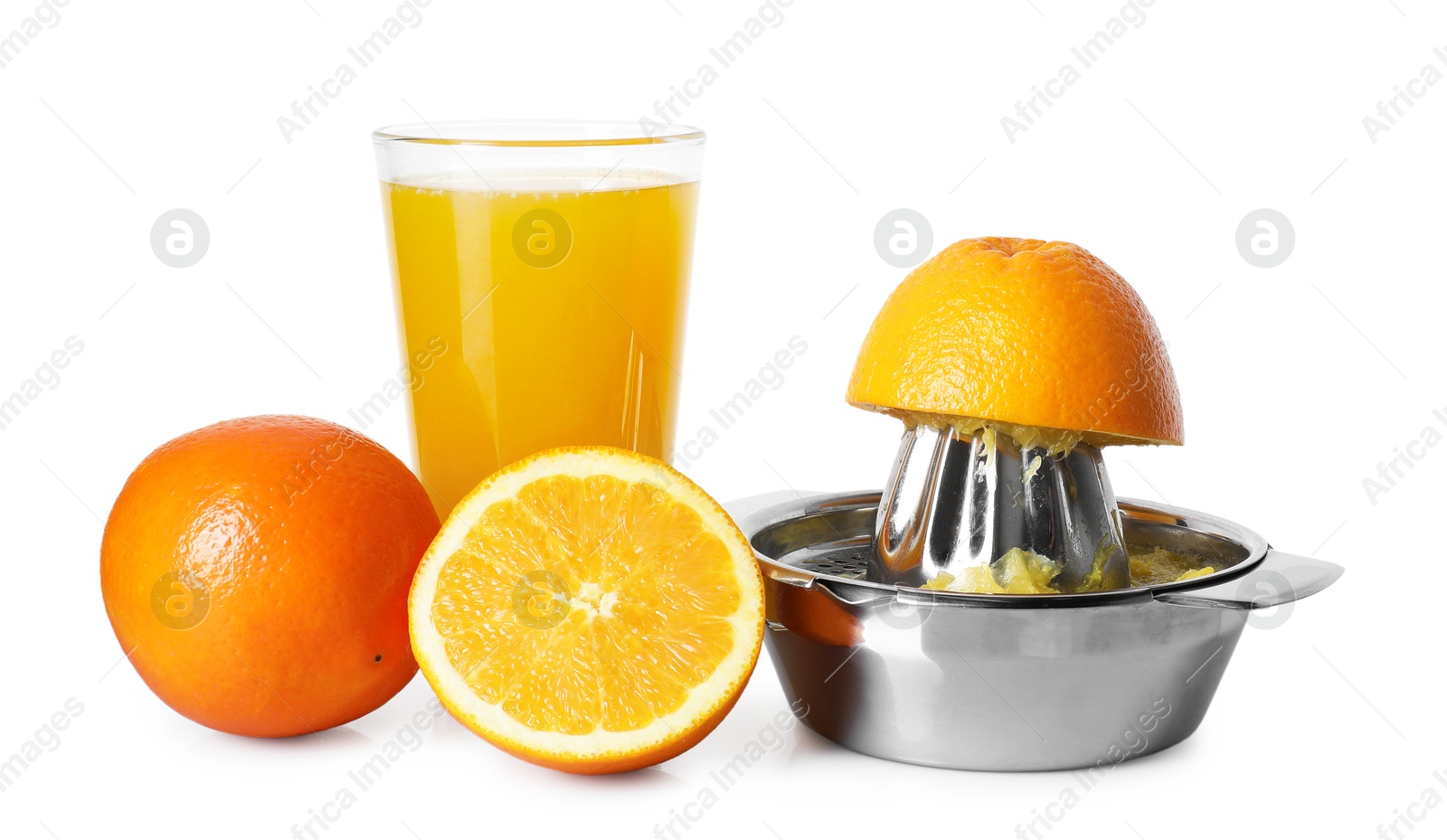 Freshly squeezed orange juice, fruits and juicer isolated on white Photo of Freshly squeezed orange juice, fruits and juicer isolated on white