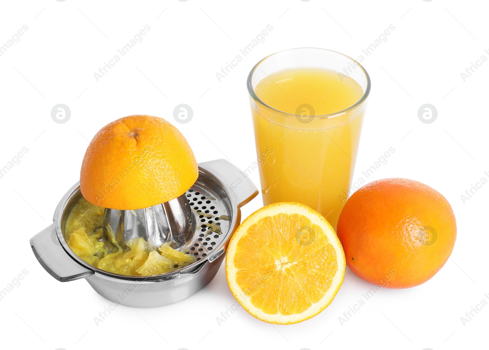 Freshly squeezed orange juice, fruits and juicer isolated on white Photo of Freshly squeezed orange juice, fruits and juicer isolated on white