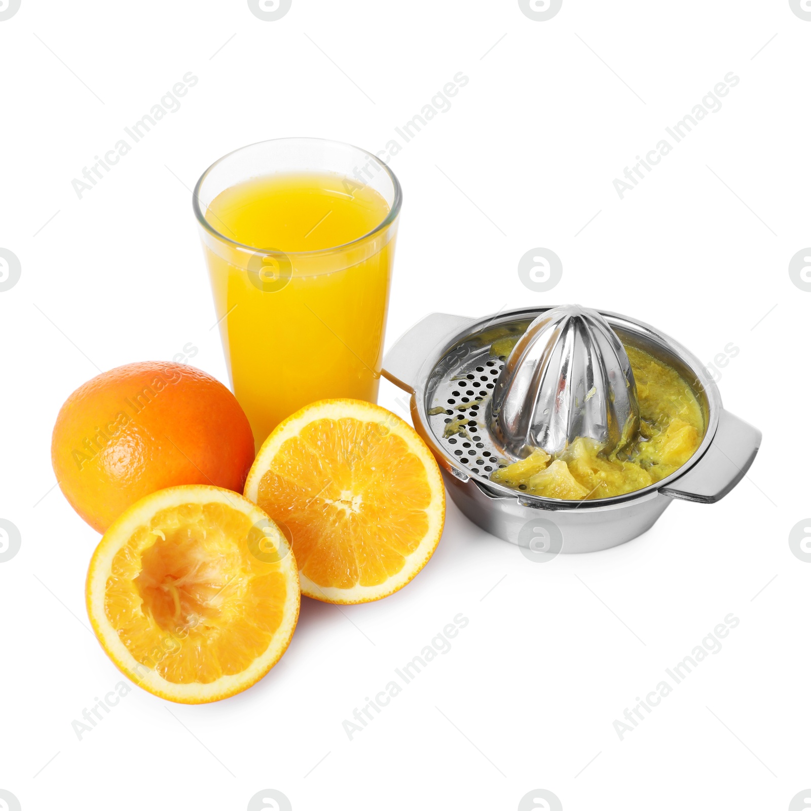 Freshly squeezed orange juice, fruits and juicer isolated on white Photo of Freshly squeezed orange juice, fruits and juicer isolated on white