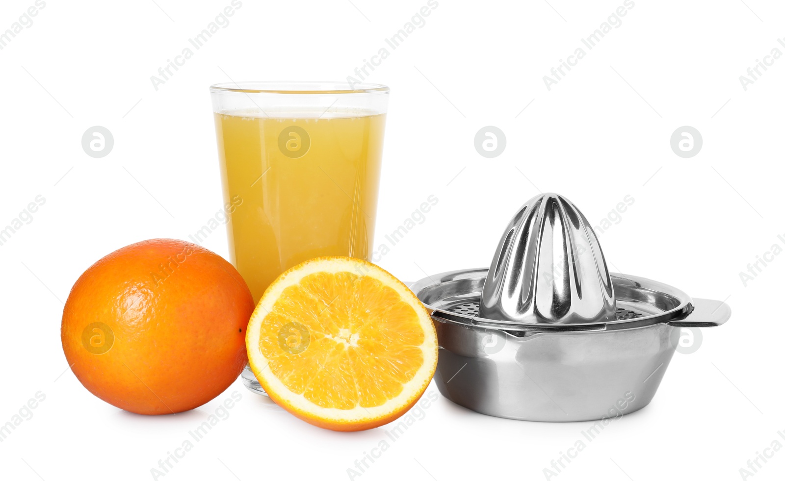 Freshly squeezed orange juice, fruits and juicer isolated on white Photo of Freshly squeezed orange juice, fruits and juicer isolated on white