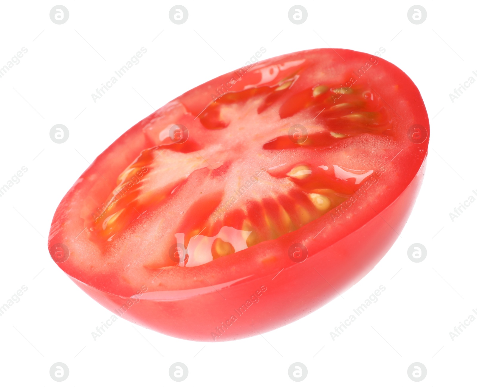 Slice of fresh tomato isolated on white Photo of Slice of fresh tomato isolated on white