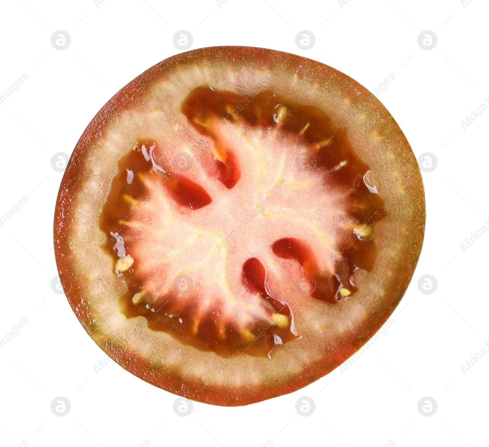 Slice of fresh tomato isolated on white Photo of Slice of fresh tomato isolated on white