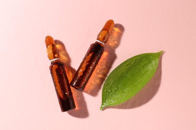 Photo of Glass ampoules with cosmetic product and green leaf on pink background, flat lay