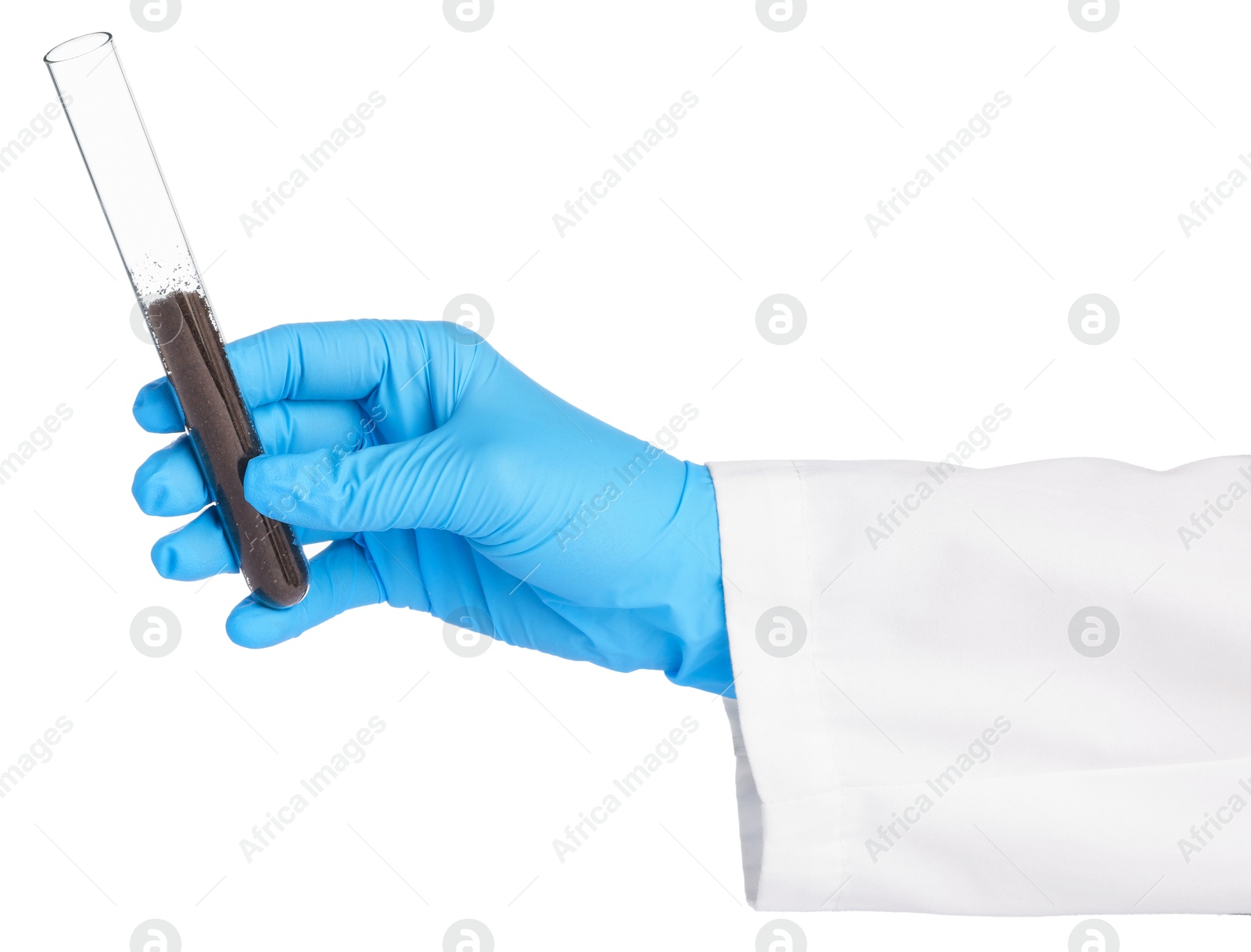 Scientist holding test tube with soil sample on white background, closeup Photo of Scientist holding test tube with soil sample on white background, closeup