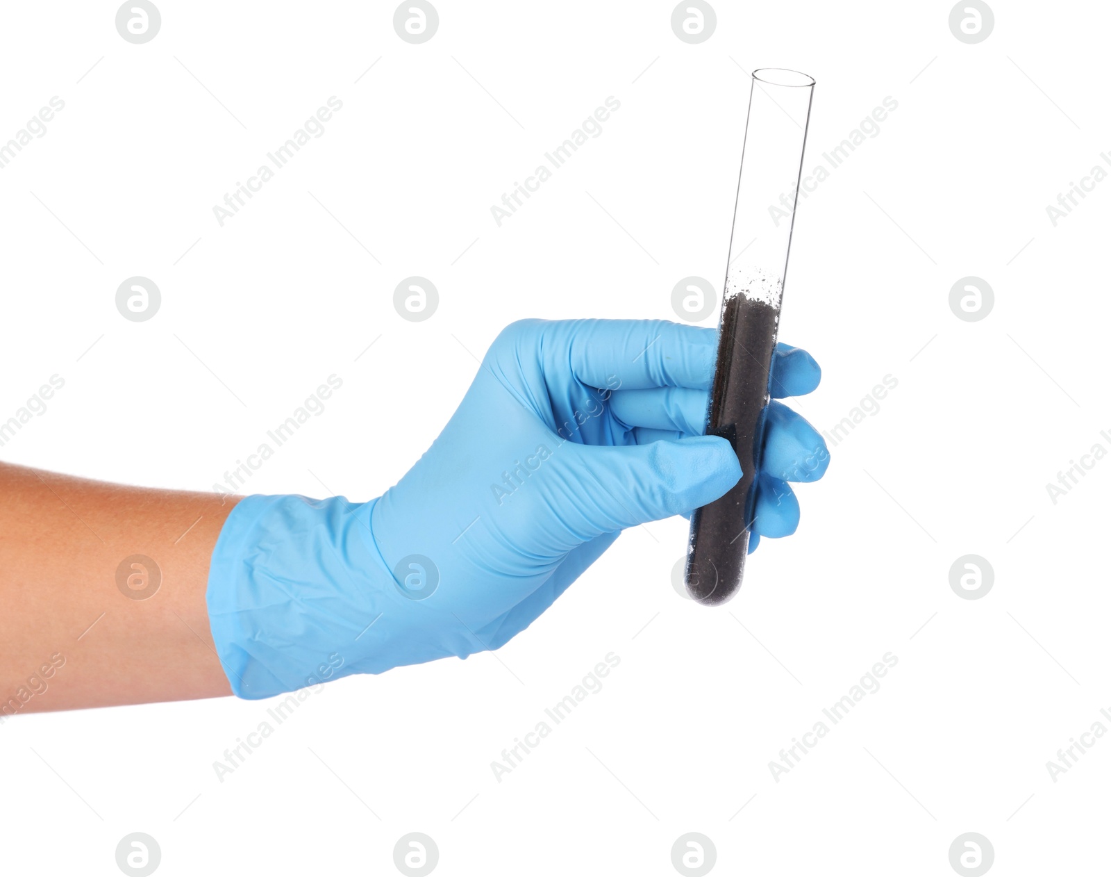 Scientist holding test tube with soil sample on white background, closeup Photo of Scientist holding test tube with soil sample on white background, closeup