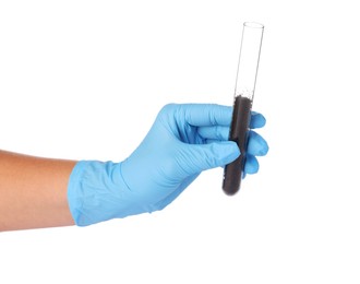 Photo of Scientist holding test tube with soil sample on white background, closeup