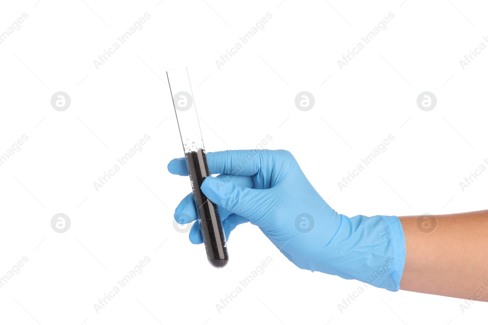 Scientist holding test tube with soil sample on white background, closeup Photo of Scientist holding test tube with soil sample on white background, closeup