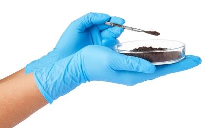 Photo of Scientist with soil sample on white background, closeup
