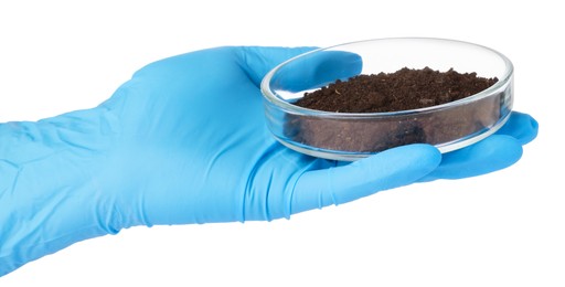 Photo of Scientist holding Petri dish with soil sample on white background, closeup