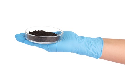 Photo of Scientist holding Petri dish with soil sample on white background, closeup
