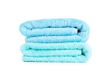 Photo of Stack of colorful terry towels isolated on white