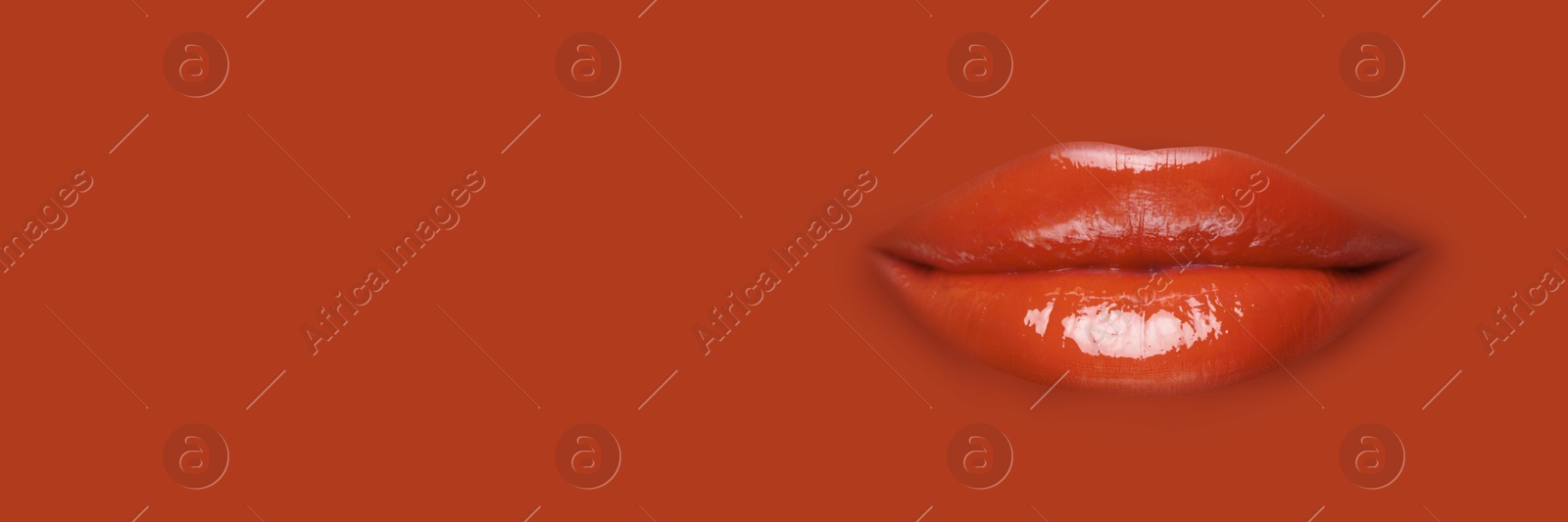 Woman's lips against background matching color of her lipstick. Banner design with space for text Image of Woman's lips against background matching color of her lipstick. Banner design with space for text