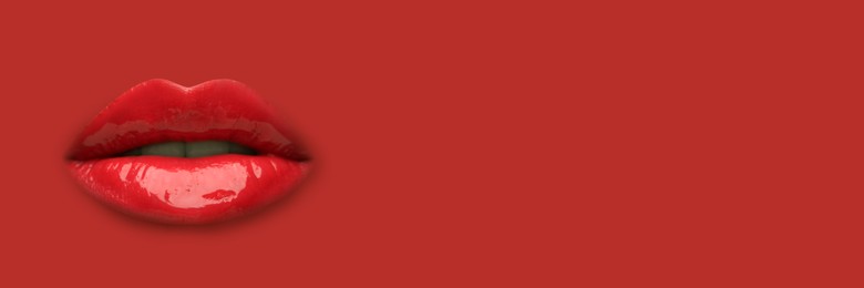 Image of Woman's lips against background matching color of her lipstick. Banner design with space for text