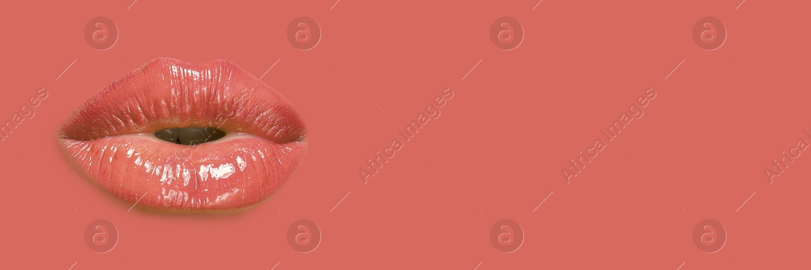 Woman's lips against background matching color of her lipstick. Banner design with space for text Image of Woman's lips against background matching color of her lipstick. Banner design with space for text