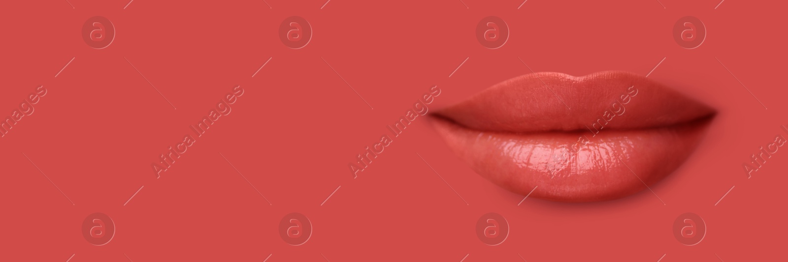Woman's lips against background matching color of her lipstick. Banner design with space for text Image of Woman's lips against background matching color of her lipstick. Banner design with space for text