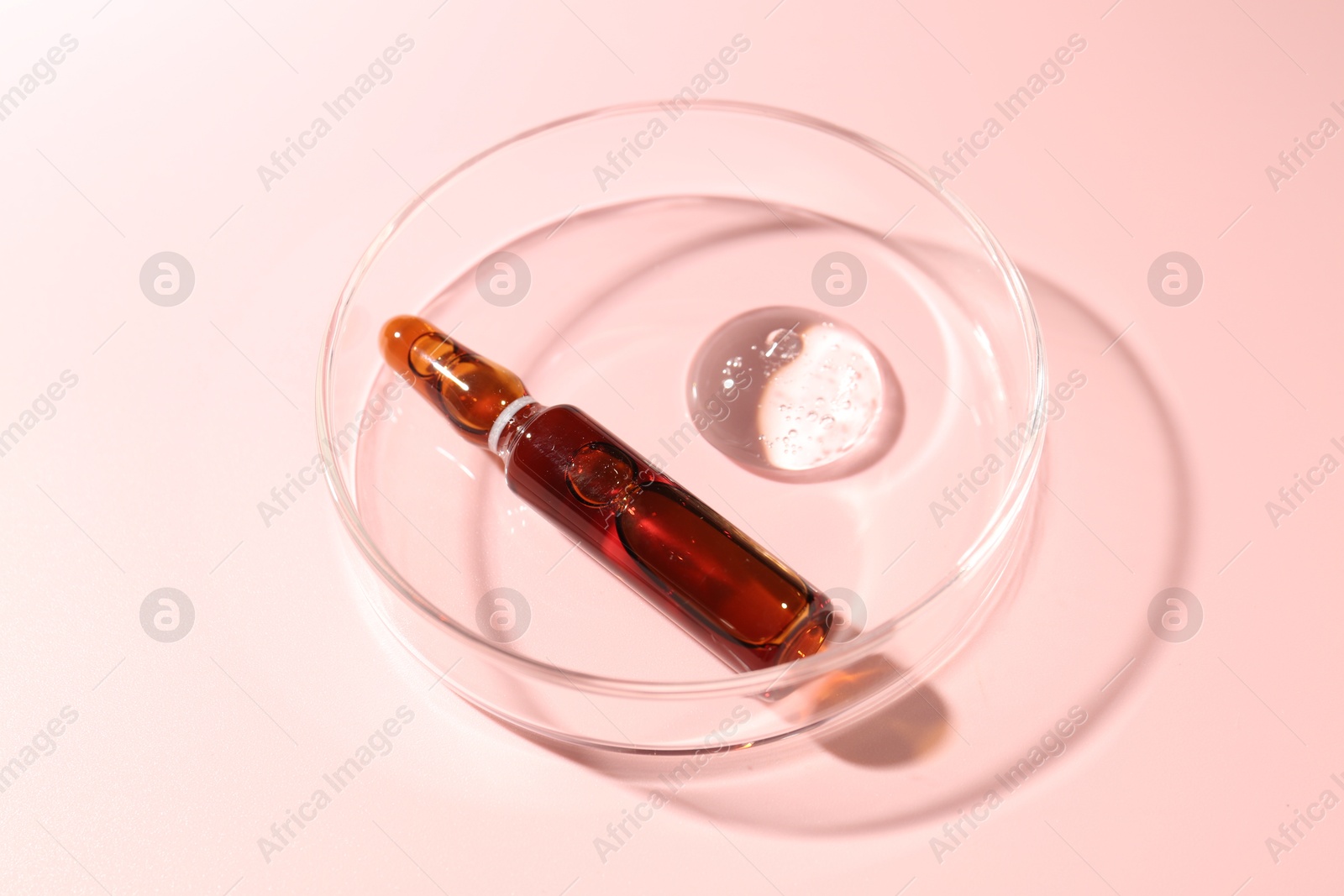 Glass ampoule with cosmetic product and Petri dish on pink background, closeup Photo of Glass ampoule with cosmetic product and Petri dish on pink background, closeup
