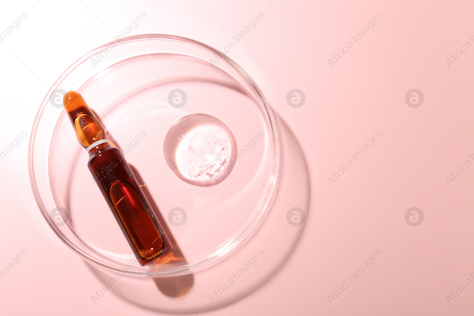 Glass ampoule with cosmetic product and Petri dish on pink background, top view. Space for text Photo of Glass ampoule with cosmetic product and Petri dish on pink background, top view. Space for text
