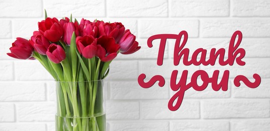 Image of Thank You card design with bright tulips in vase against white brick wall