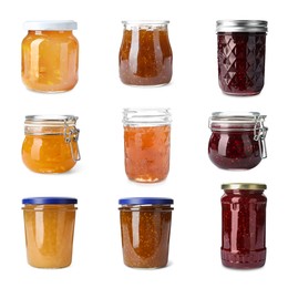 Image of Different jams in jars isolated on white, set