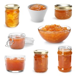 Image of Sweet jams in jars and bowls isolated on white, set