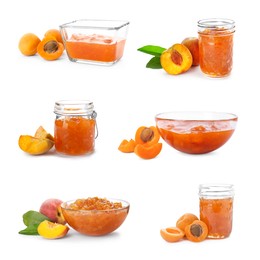 Image of Sweet jams in jars and bowls isolated on white, set