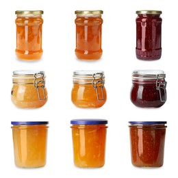 Image of Different jams in jars isolated on white, set