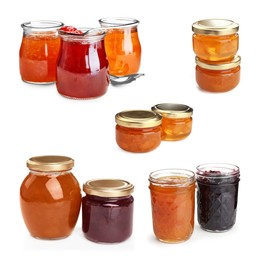 Image of Different jams in jars isolated on white, set