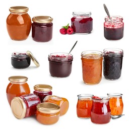 Image of Different jams in jars isolated on white, set