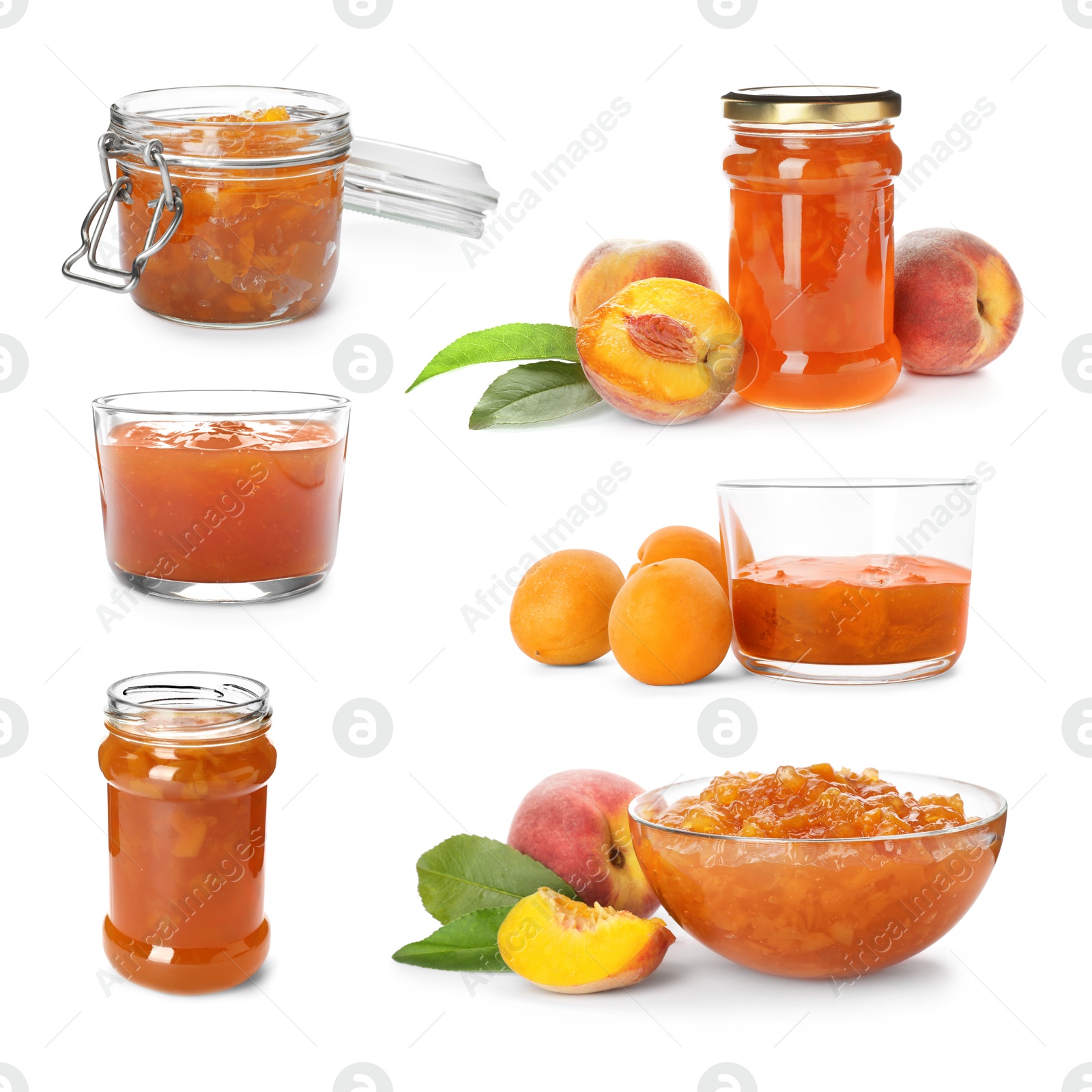 Image of Sweet jams in jars and bowls isolated on white, set
