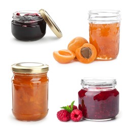 Image of Different jams in jars isolated on white, set