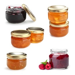Image of Different jams in jars isolated on white, set