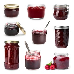 Image of Different jams in jars isolated on white, set