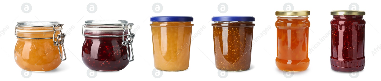 Image of Different jams in jars isolated on white, set
