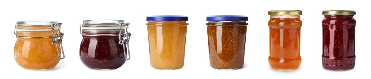 Image of Different jams in jars isolated on white, set