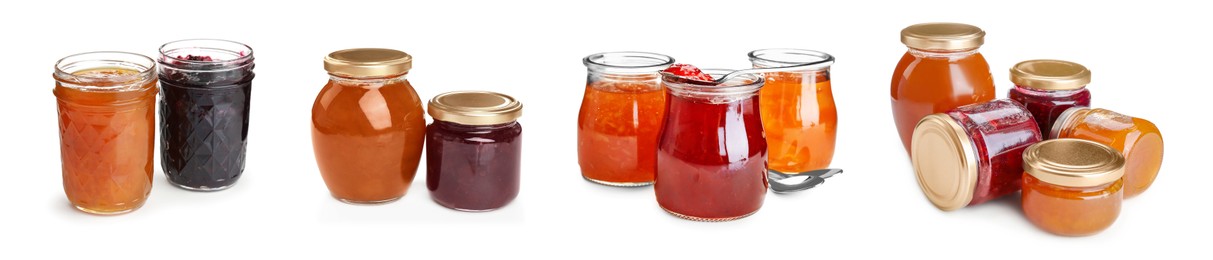 Image of Different jams in jars isolated on white, set