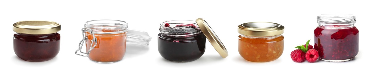 Image of Different jams in jars isolated on white, set