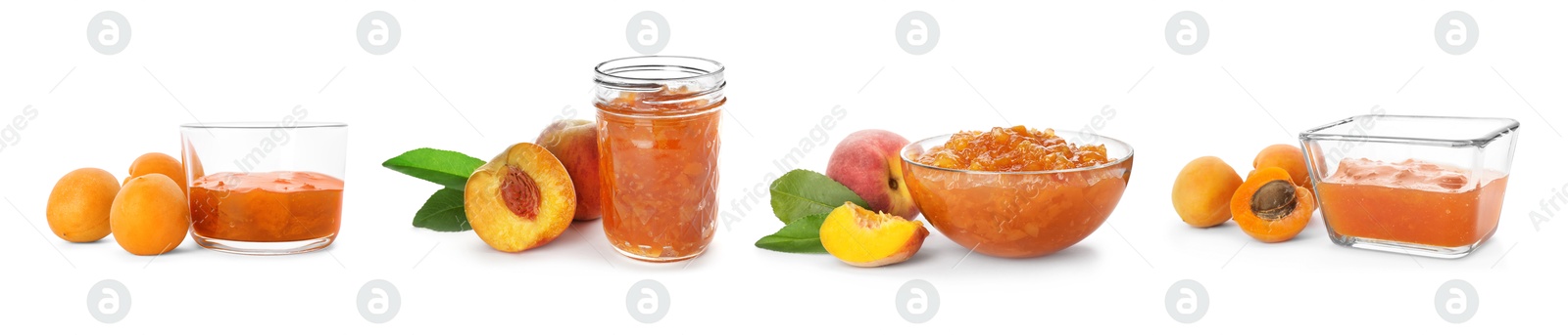 Image of Sweet jams in jar and bowls isolated on white, set