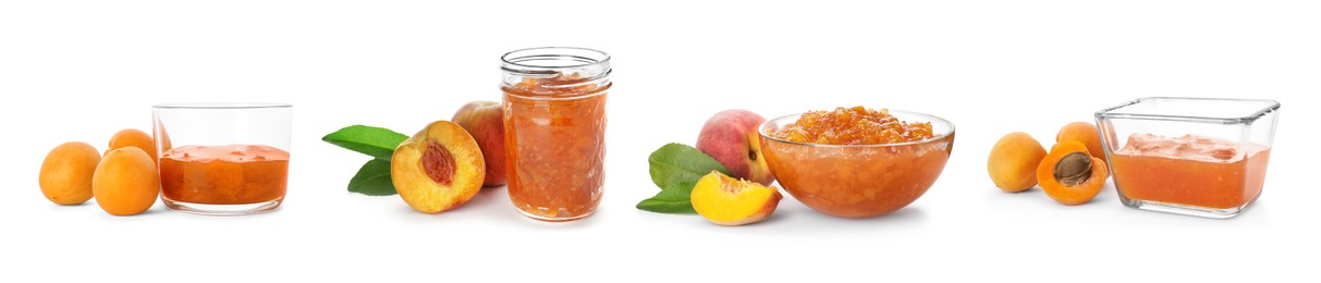 Image of Sweet jams in jar and bowls isolated on white, set