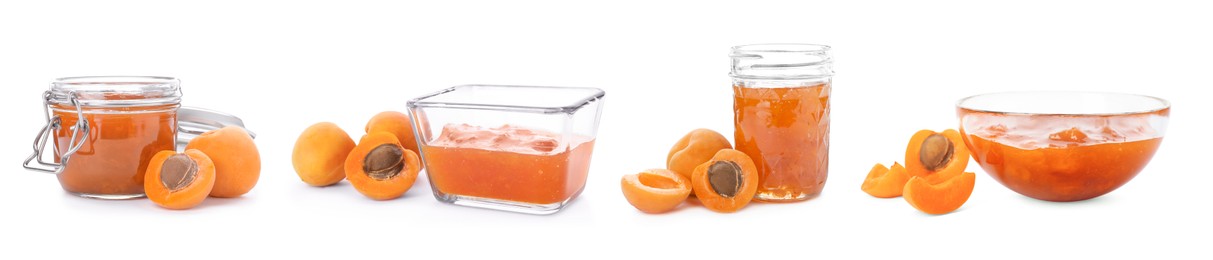 Image of Sweet apricot jam in jars and bowls isolated on white, set