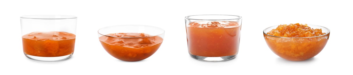 Image of Sweet jams in bowls isolated on white, set