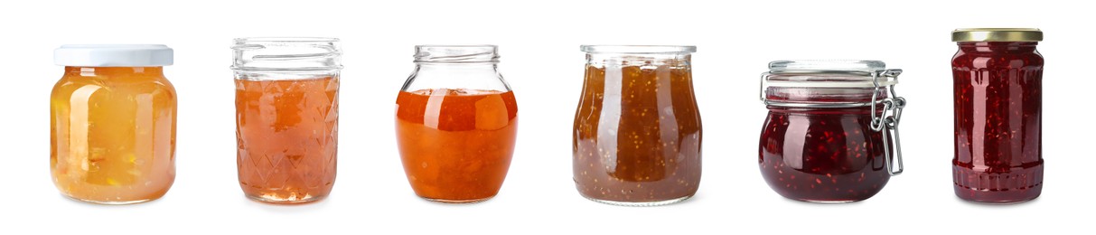 Image of Different jams in jars isolated on white, set