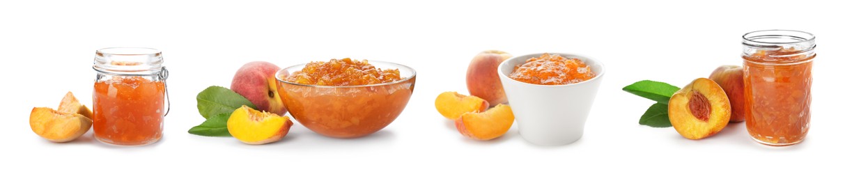 Image of Sweet peach jams in jars and bowls isolated on white, set