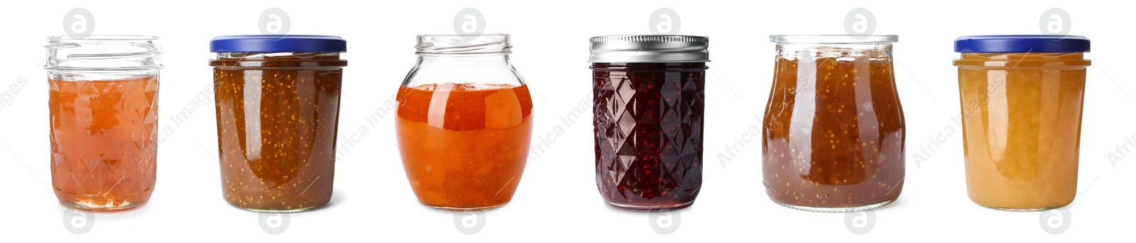 Image of Different jams in jars isolated on white, set