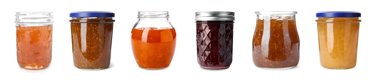 Image of Different jams in jars isolated on white, set
