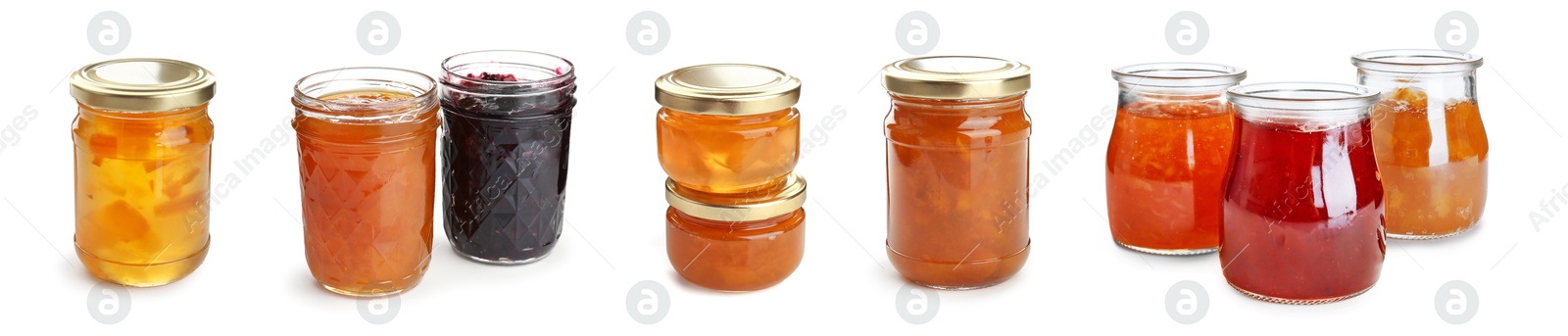 Image of Different jams in jars isolated on white, set