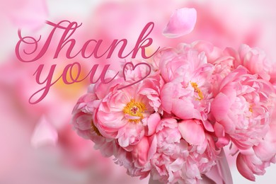 Image of Thank You card design with peony flowers in vase against blurred background