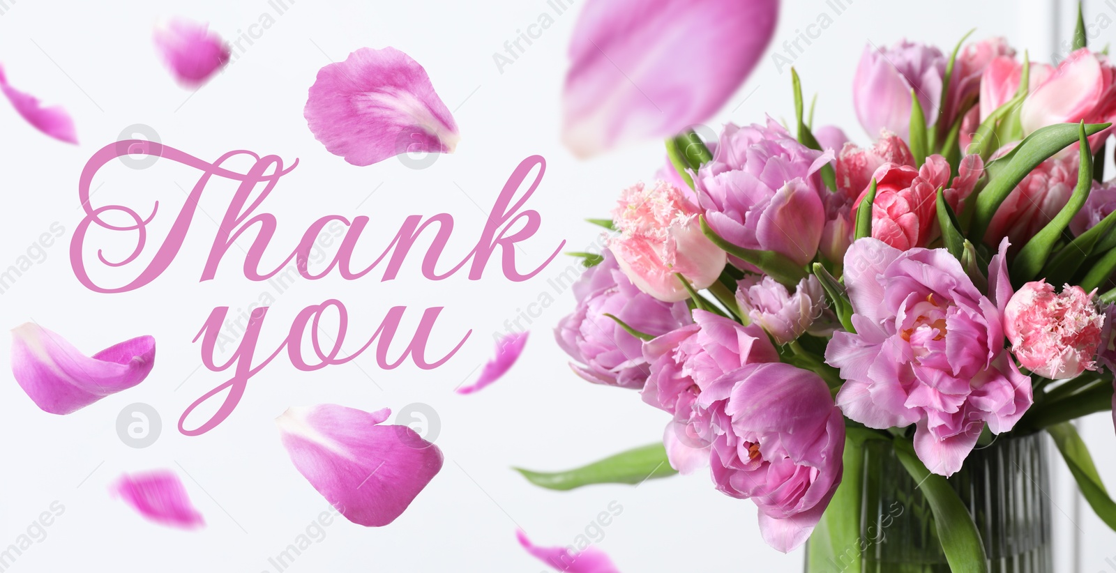 Thank You card design with flowers in vase and flying petals Image of Thank You card design with flowers in vase and flying petals