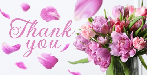 Image of Thank You card design with flowers in vase and flying petals