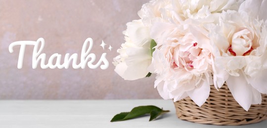 Image of Thank You card design with peony flowers in wicker basket on table